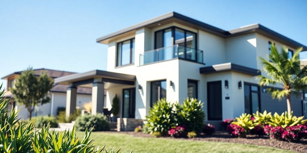 Modern investment property with blue sky and landscaping.