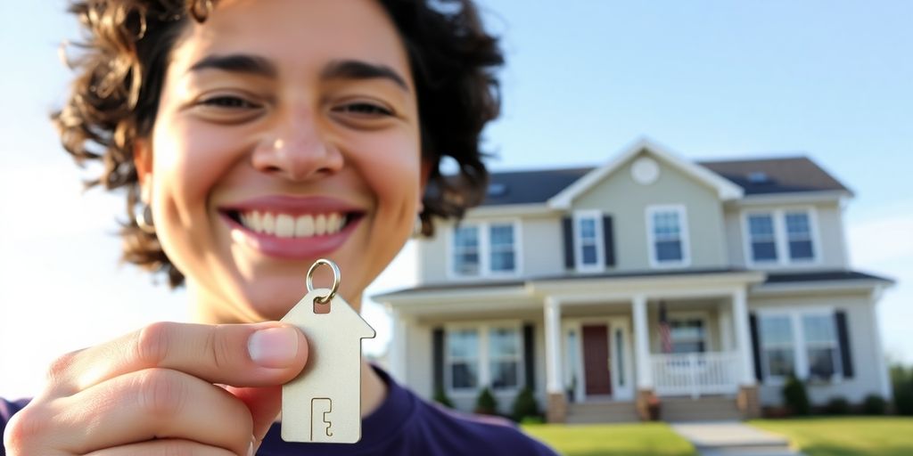 A person holds a house key with a large house in the background.