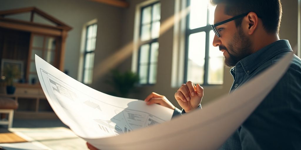 Investor examining property blueprints with financial documents.