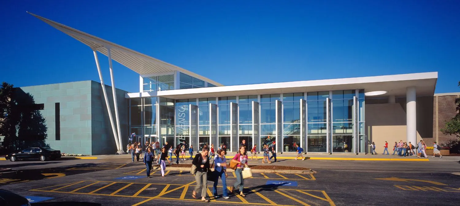 Modern glass exterior of Stevenson High School in Lincolnshire, a top-rated public school serving Buffalo Grove, IL