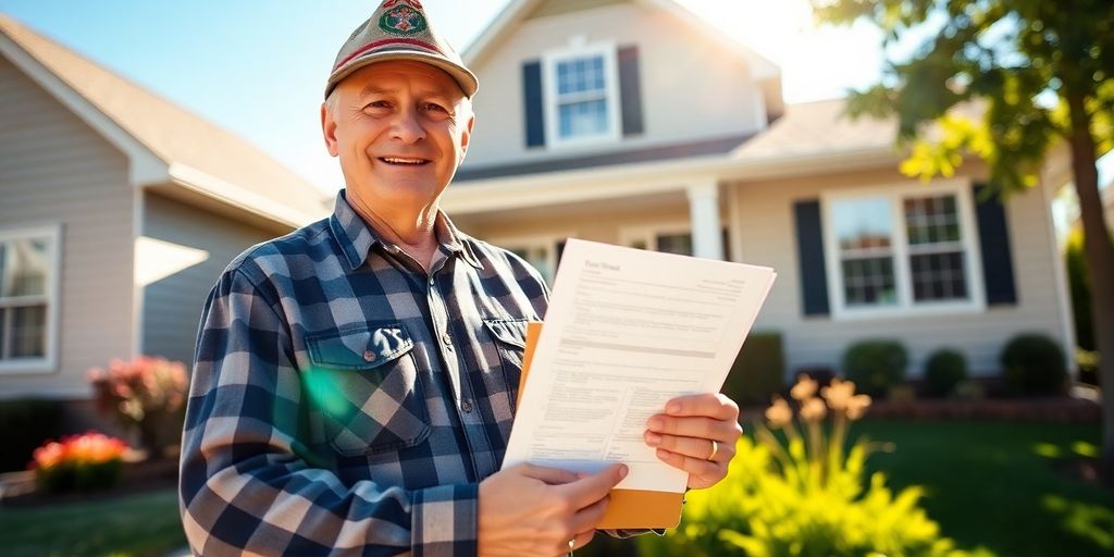 Man looking at a house with a VA loan document.