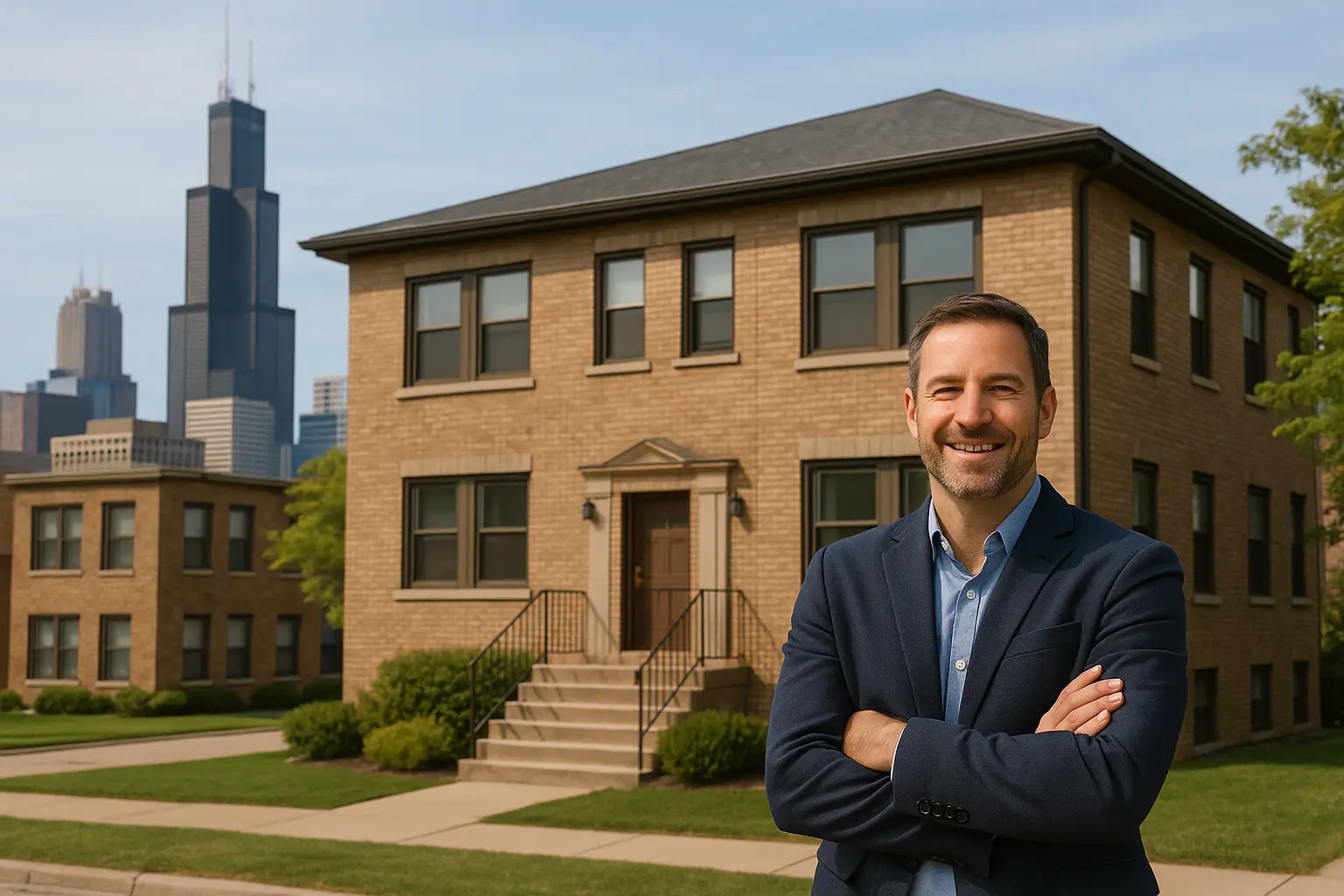 Real estate investor standing in front of a 4-unit multi-family property in Chicago with skyline view, showcasing DSCR loan opportunities in Illinois.
