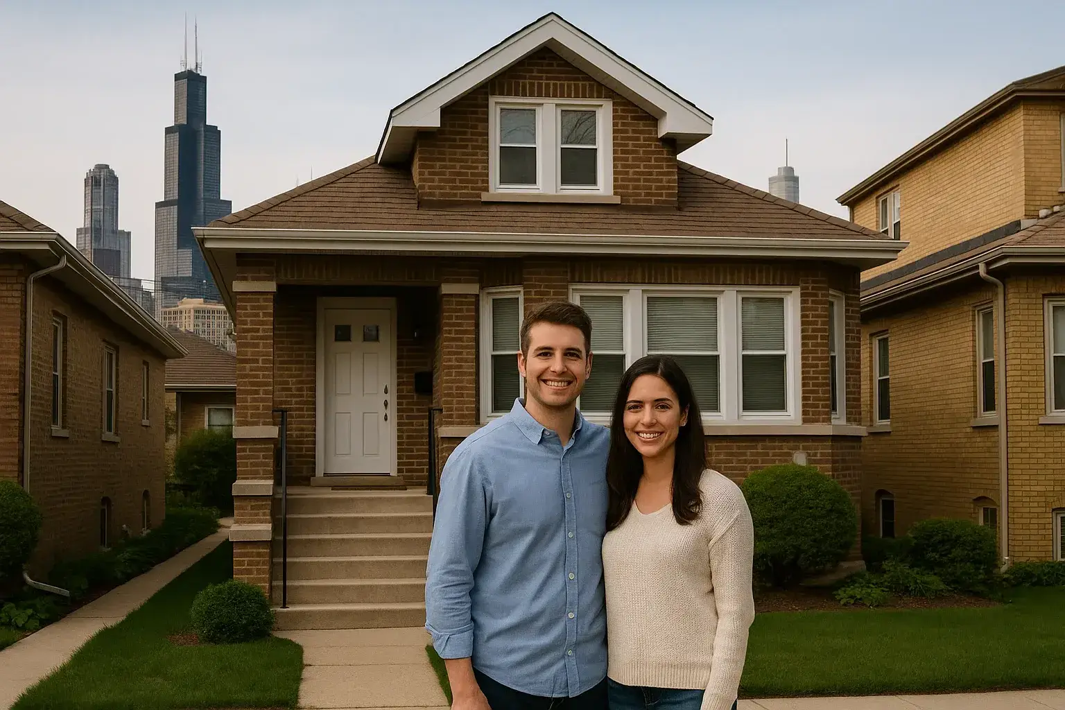 Conventional Loans 1 Happy couple standing in front of a Chicago bungalow with skyline view after securing a conventional loan in Chicago Illinois.