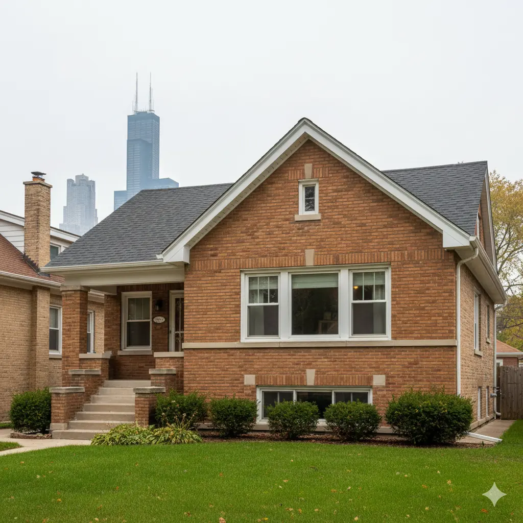 Classic Chicago-style brick bungalow ideal for first-time homebuyers using FHA loans, with Chicago skyline visible behind the house.