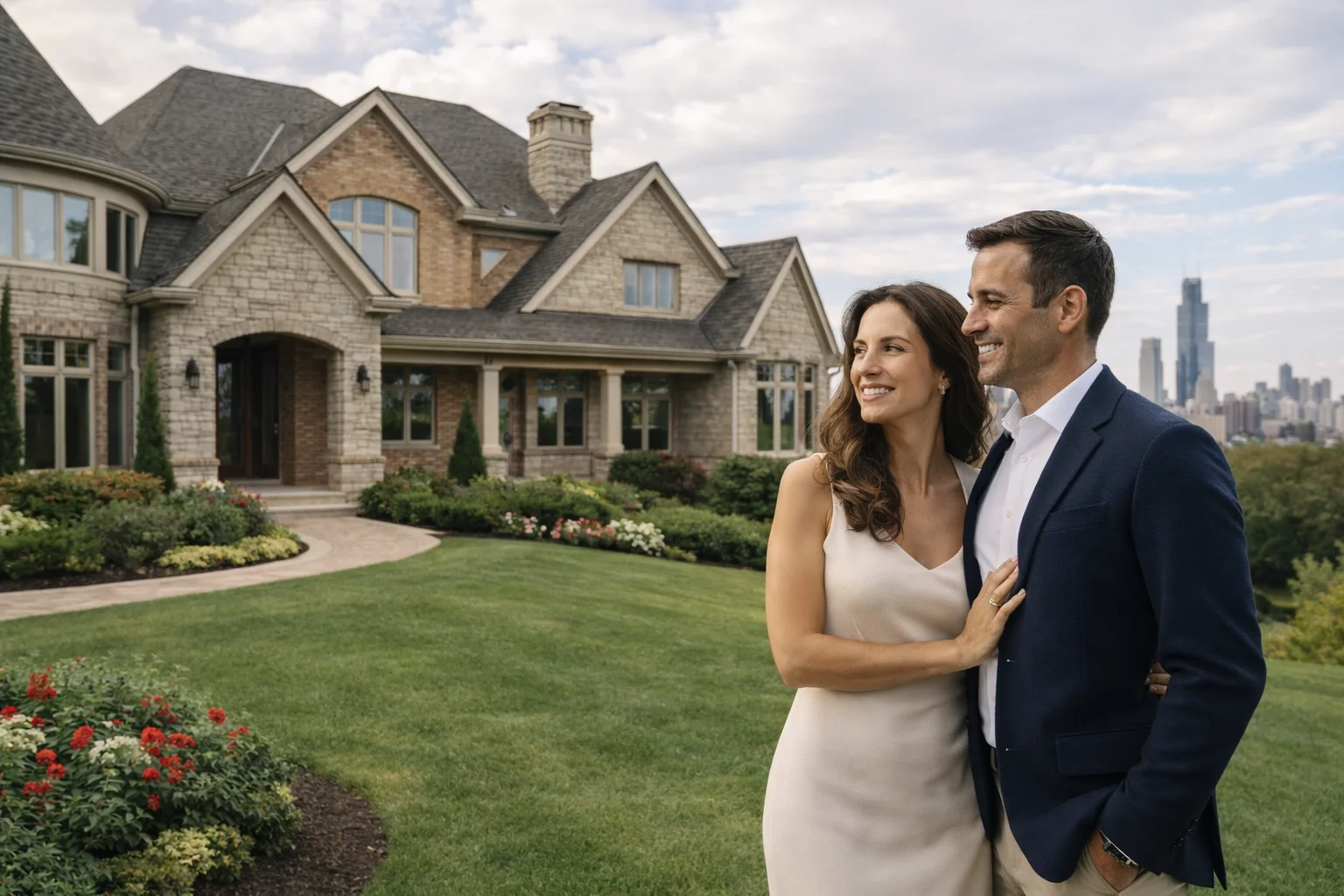 Luxury home buyers standing in front of a high-end Illinois property, representing jumbo loan financing for upscale homes.