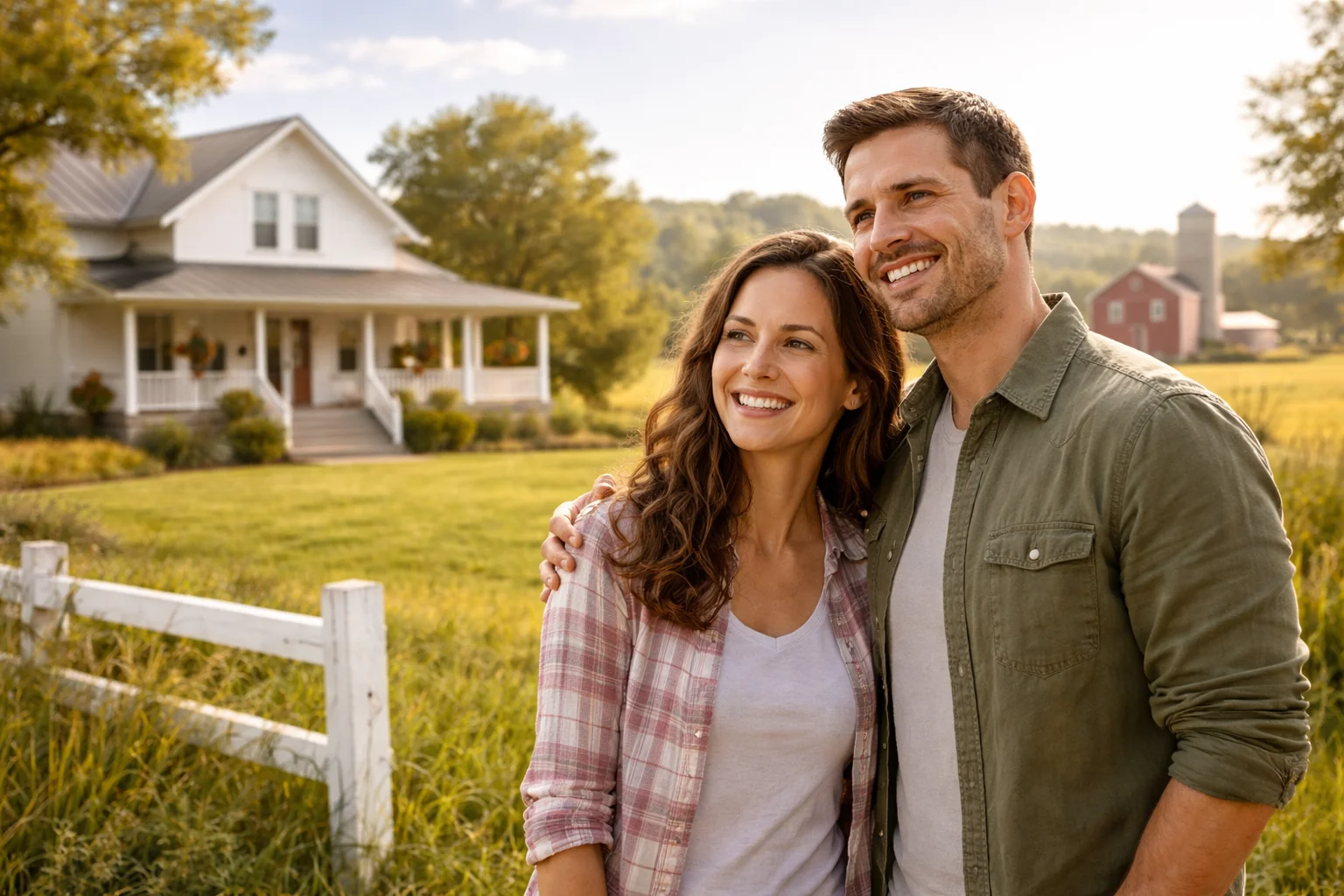 USDA Loans 1 Couple in rural Illinois outside a farmhouse, representing USDA loan eligibility and zero-down home financing.