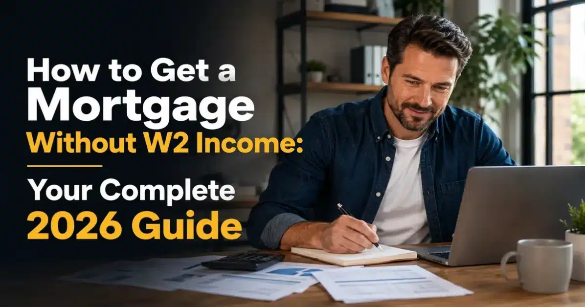 How to Get a Mortgage Without W2 Income: self-employed man reviewing bank statements and financial documents at his desk