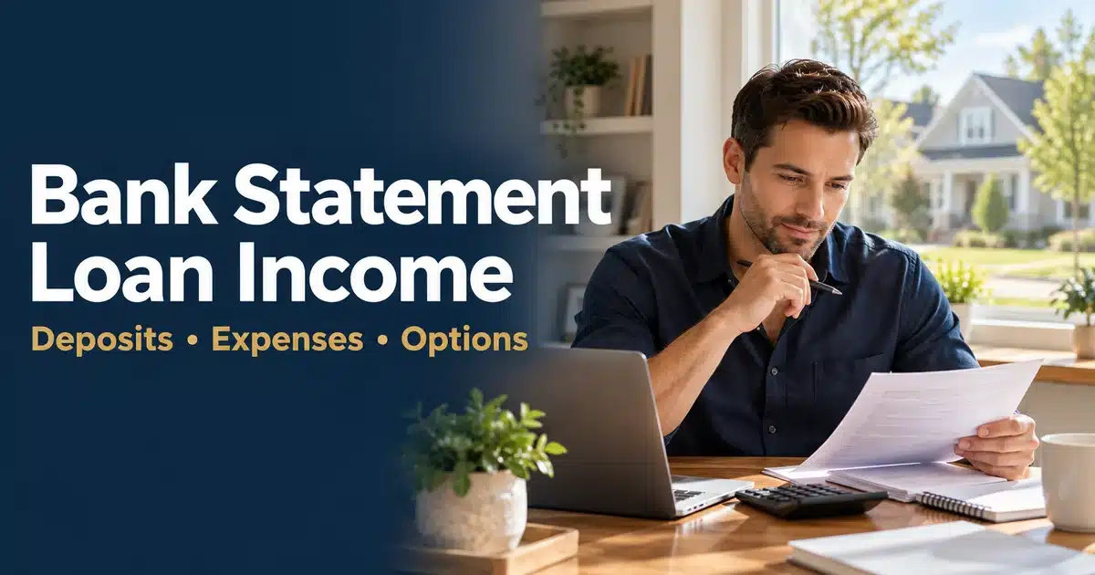 How Is Income Calculated on a Bank Statement Loan? Business Deposits, Expenses, and Examples 1 Illustration of a business owner reviewing documents beside the headline Bank Statement Loan Income.