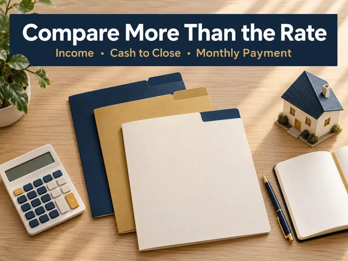FHA vs. Conventional vs. Bank Statement Loans: Which Mortgage Fits a Self Employed Buyer? 2 Mortgage comparison reminder: review income, cash to close, and the monthly payment, illustrated with folders, a calculator, and a model home.