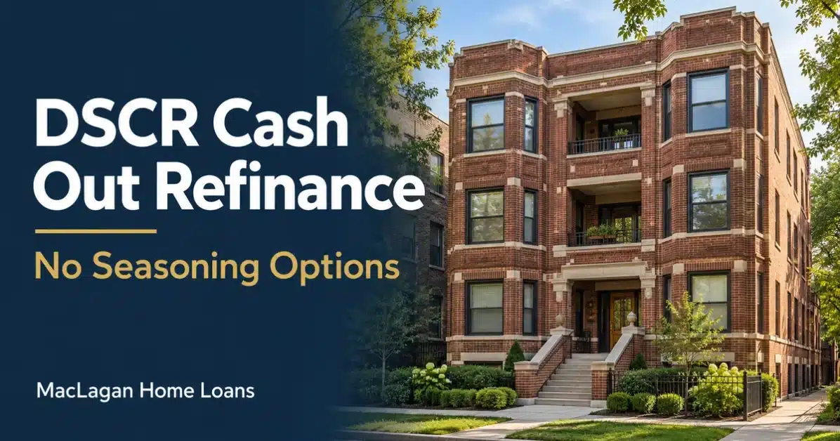 Illustration of a Chicago brick rental building beside the title DSCR Cash Out Refinance, No Seasoning Options.