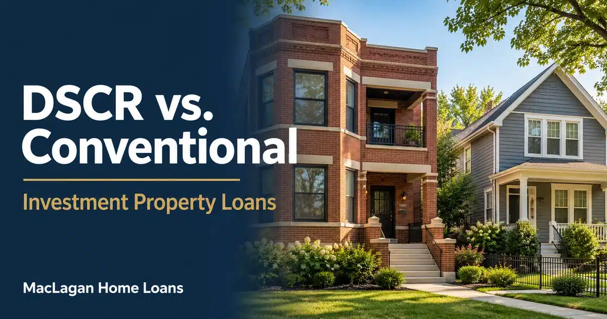 DSCR vs. Conventional Loans for Investment Properties: Which Should You Choose? 1 Illustration of rental homes beside the headline DSCR vs. Conventional, Investment Property Loans.