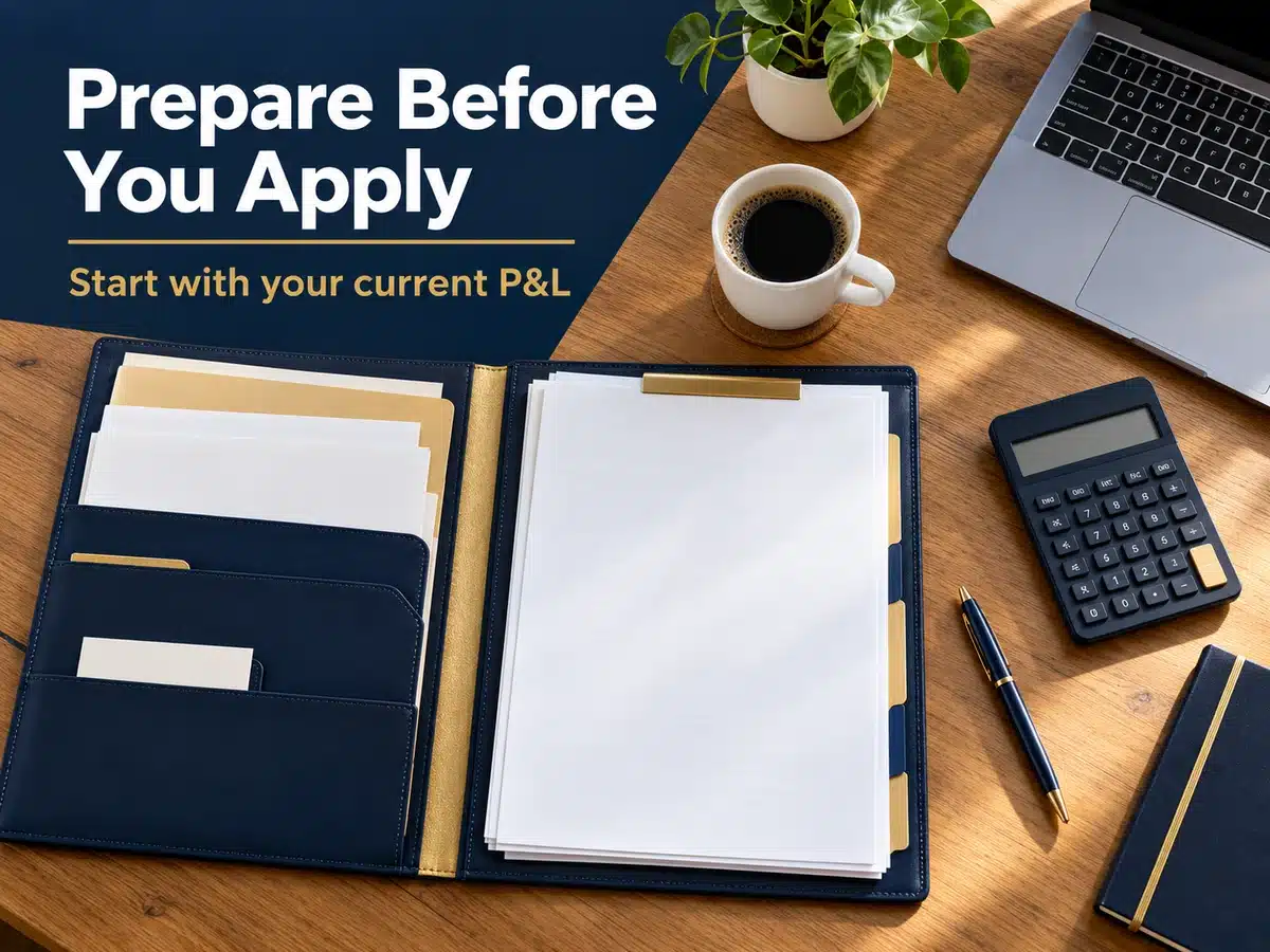 Organized document folder with a reminder to start with a current profit and loss statement.