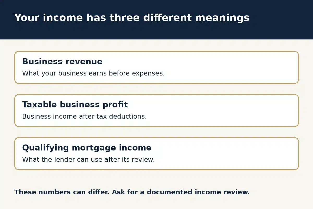 Business revenue, taxable business profit, and qualifying mortgage income represent different stages of an income review.