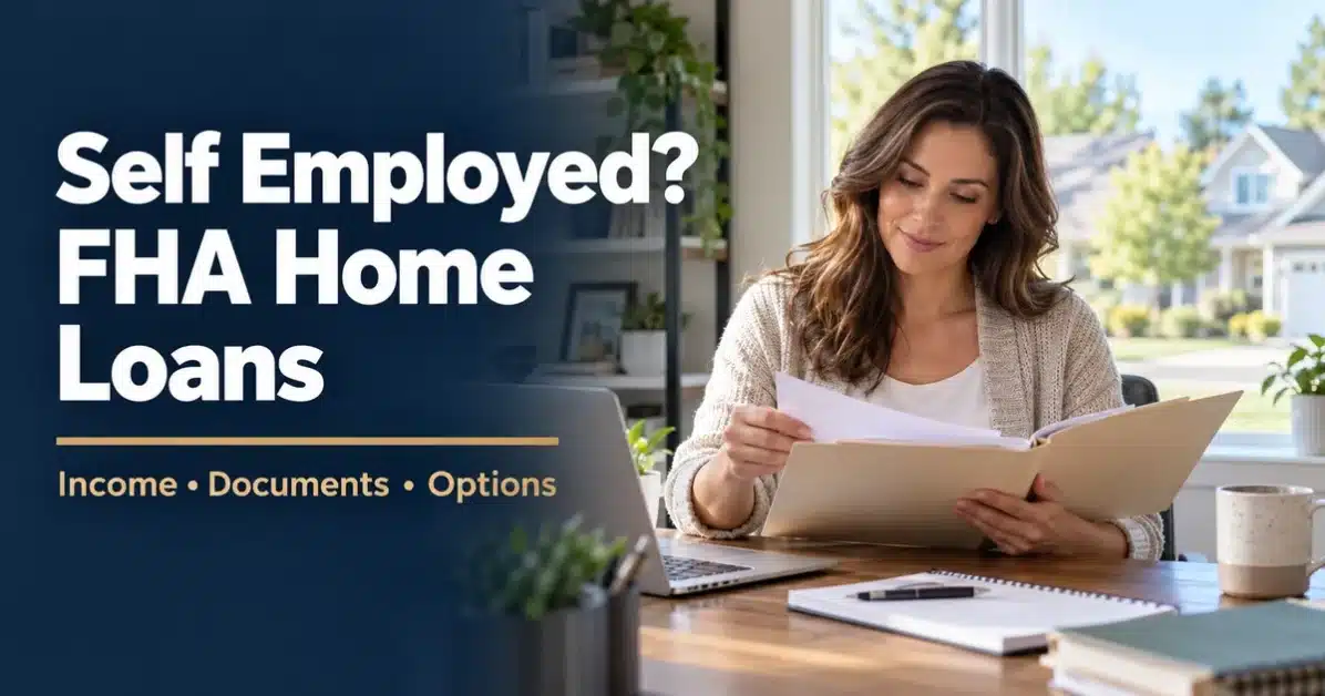 Illustration of a business owner reviewing documents beside the headline Self Employed? FHA Home Loans.