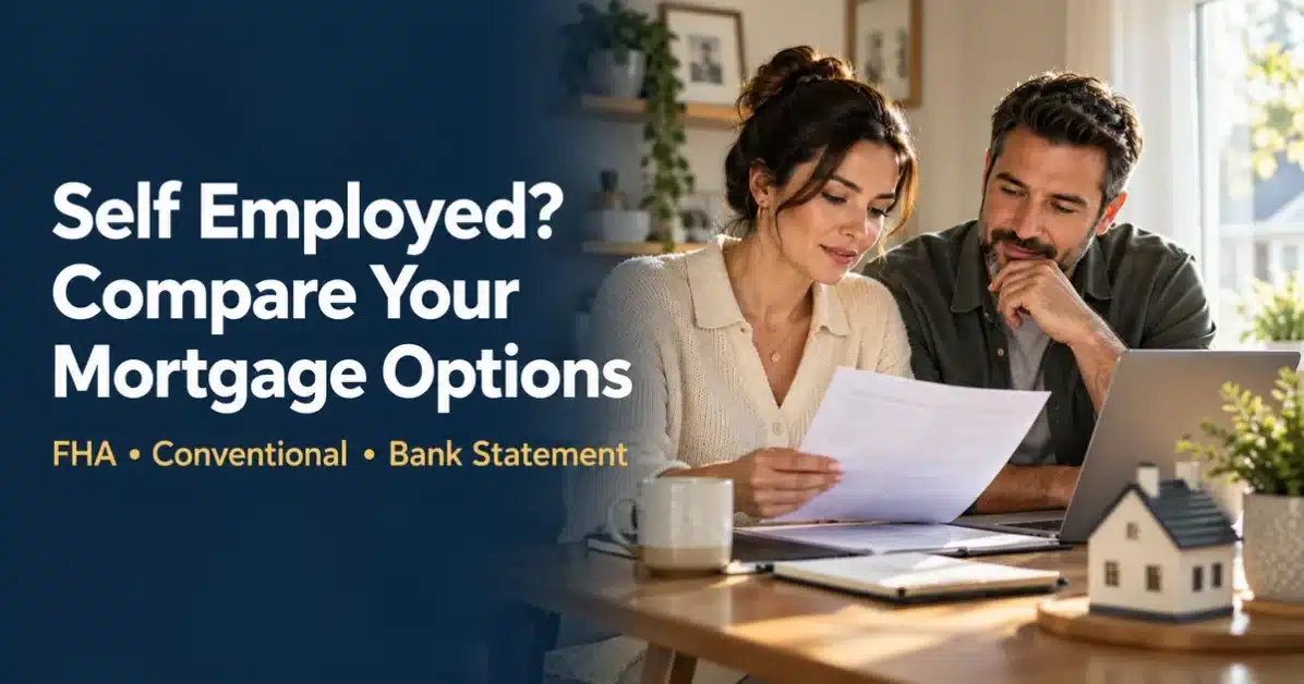 Illustration of two homebuyers reviewing documents beside the headline Self Employed? Compare Your Mortgage Options.