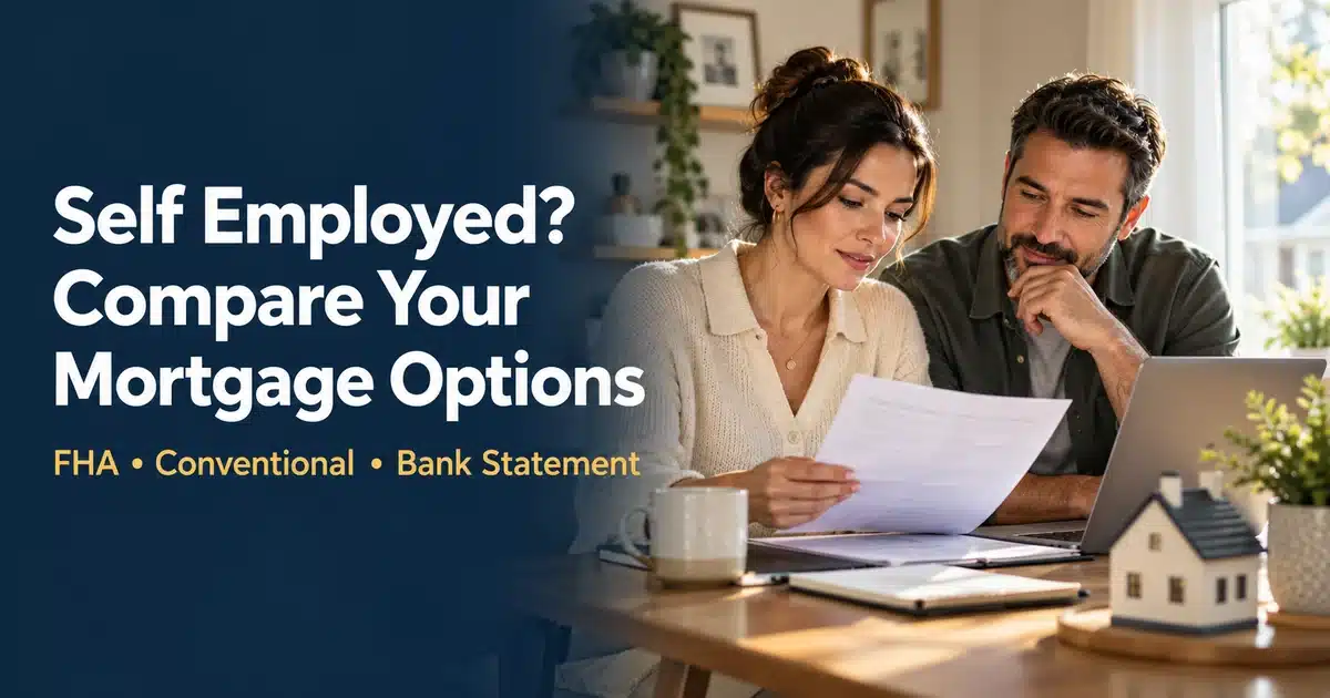 FHA vs. Conventional vs. Bank Statement Loans: Which Mortgage Fits a Self Employed Buyer? 1 Illustration of two homebuyers reviewing documents beside the headline Self Employed? Compare Your Mortgage Options.